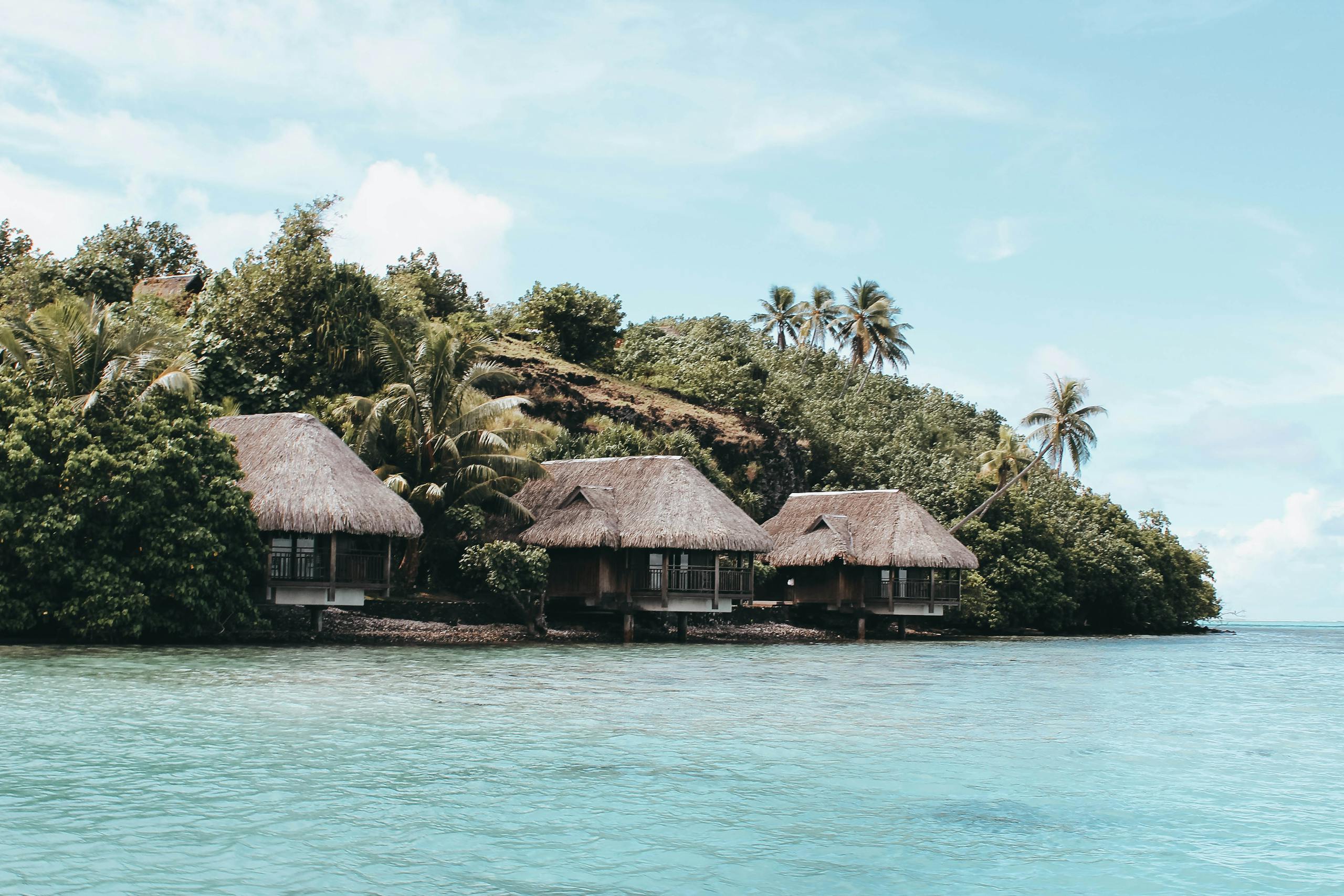 Idyllic overwater bungalows with lush greenery and turquoise waters in French Polynesia.