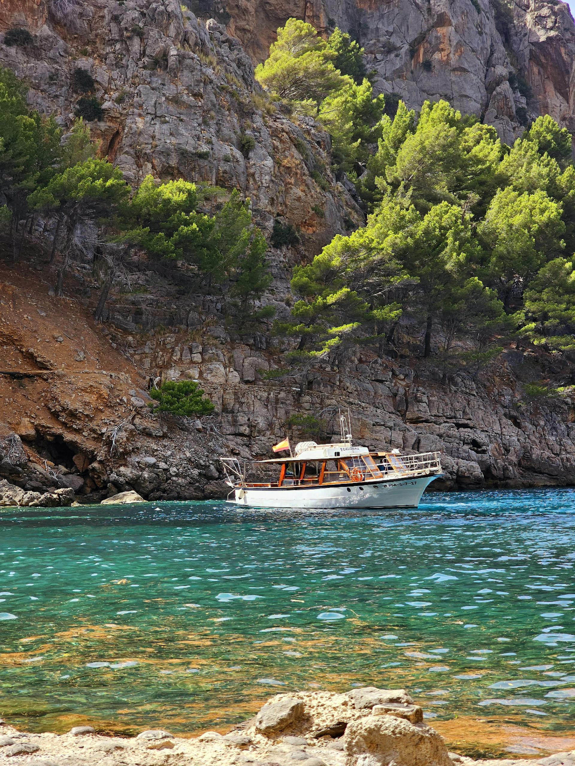 Tranquil boat scene in Palma, Spain, showcasing crystal clear water and lush greenery.
